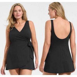 Lands’ End Swimsuit Womens 16W Black Side Tie Wrap One Piece Mini Swim Dress NWT